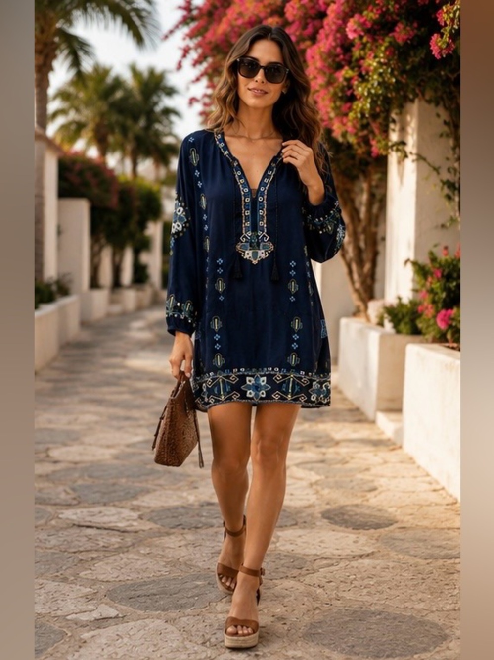 Raj Embroidered Navy Blue Boho Tunic Dress Medium Cotton Rayon